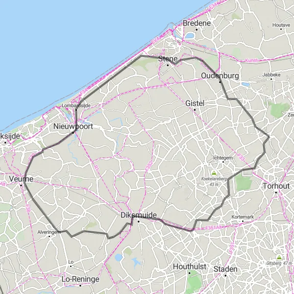 Map miniature of "Rural Trails and Historic Towns" cycling inspiration in Prov. West-Vlaanderen, Belgium. Generated by Tarmacs.app cycling route planner