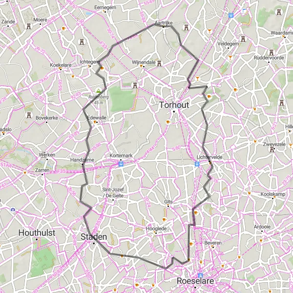 Map miniature of "Charming Countryside Roads" cycling inspiration in Prov. West-Vlaanderen, Belgium. Generated by Tarmacs.app cycling route planner