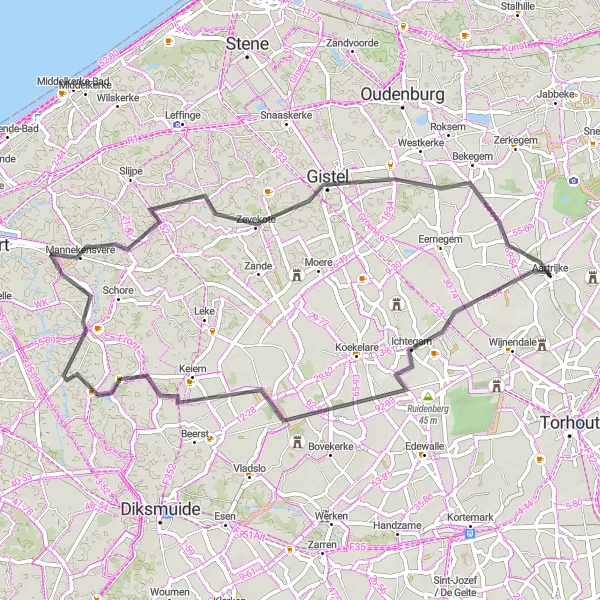 Miniature de la carte de l'inspiration cycliste "Route des collines flamandes" dans la Prov. West-Vlaanderen, Belgium. Générée par le planificateur d'itinéraire cycliste Tarmacs.app