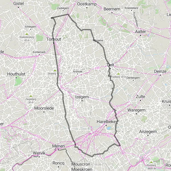 Miniature de la carte de l'inspiration cycliste "Aventure épique dans la région de West-Vlaanderen" dans la Prov. West-Vlaanderen, Belgium. Générée par le planificateur d'itinéraire cycliste Tarmacs.app