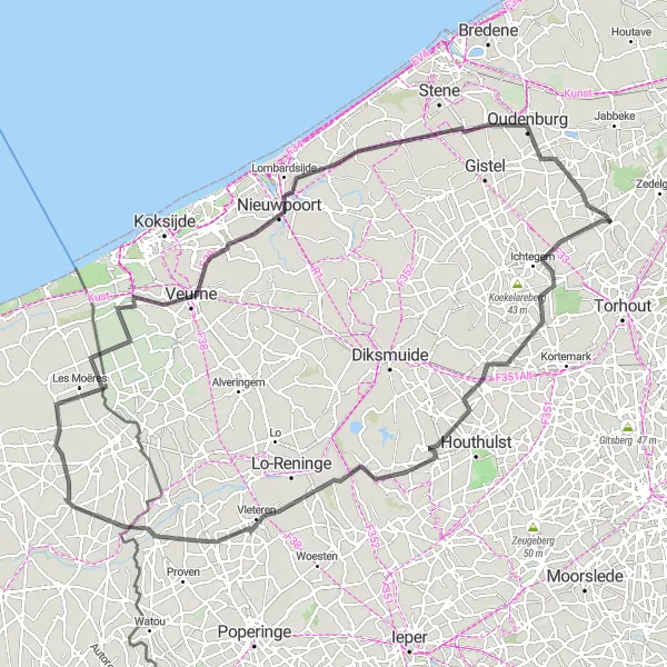 Miniature de la carte de l'inspiration cycliste "Circuit côtier de la Flandre-Occidentale" dans la Prov. West-Vlaanderen, Belgium. Générée par le planificateur d'itinéraire cycliste Tarmacs.app