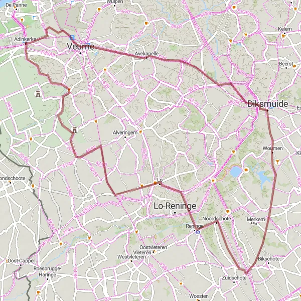 Miniatuurkaart van de fietsinspiratie "Historische gravelroute rond Adinkerke" in Prov. West-Vlaanderen, Belgium. Gemaakt door de Tarmacs.app fietsrouteplanner