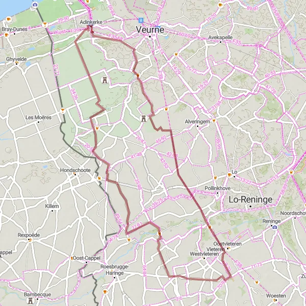 Miniatuurkaart van de fietsinspiratie "Rustige gravelroute door het platteland" in Prov. West-Vlaanderen, Belgium. Gemaakt door de Tarmacs.app fietsrouteplanner