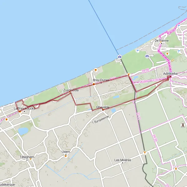 Miniature de la carte de l'inspiration cycliste "Parcours en gravier à travers les dunes et les villages côtiers" dans la Prov. West-Vlaanderen, Belgium. Générée par le planificateur d'itinéraire cycliste Tarmacs.app