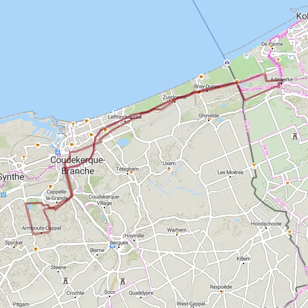 Miniatuurkaart van de fietsinspiratie "Gravel Avontuur in de Duinen" in Prov. West-Vlaanderen, Belgium. Gemaakt door de Tarmacs.app fietsrouteplanner