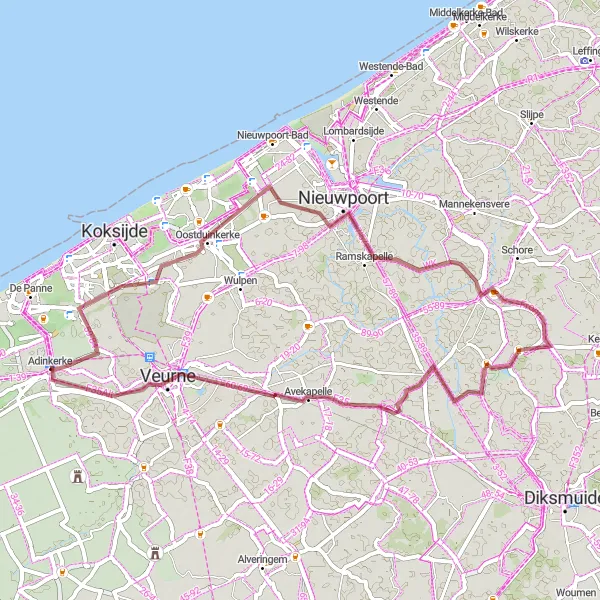 Miniature de la carte de l'inspiration cycliste "Les Sentiers Côtiers de Koksijde" dans la Prov. West-Vlaanderen, Belgium. Générée par le planificateur d'itinéraire cycliste Tarmacs.app