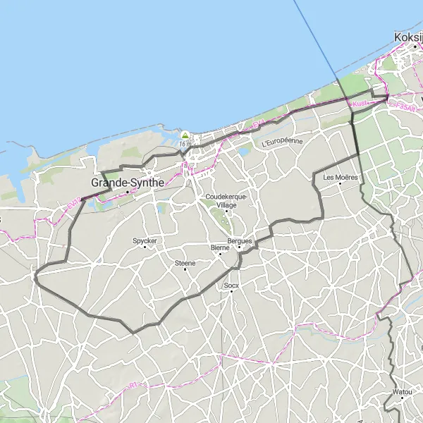 Miniature de la carte de l'inspiration cycliste "Parcours routier entre les dunes et les villages côtiers" dans la Prov. West-Vlaanderen, Belgium. Générée par le planificateur d'itinéraire cycliste Tarmacs.app