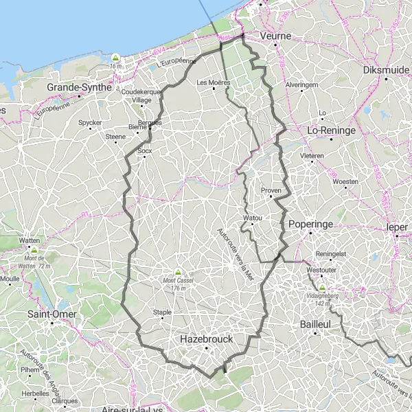 Miniature de la carte de l'inspiration cycliste "Les Chemins du Patrimoine Flamand" dans la Prov. West-Vlaanderen, Belgium. Générée par le planificateur d'itinéraire cycliste Tarmacs.app