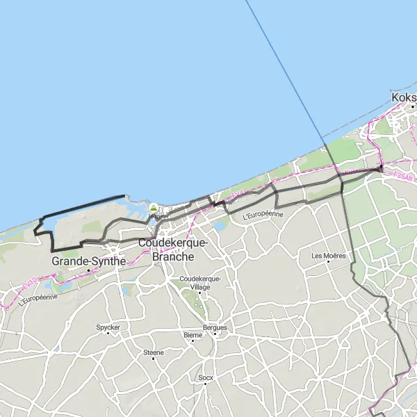 Karten-Miniaturansicht der Radinspiration "Küstenabenteuer entlang der Nordsee" in Prov. West-Vlaanderen, Belgium. Erstellt vom Tarmacs.app-Routenplaner für Radtouren