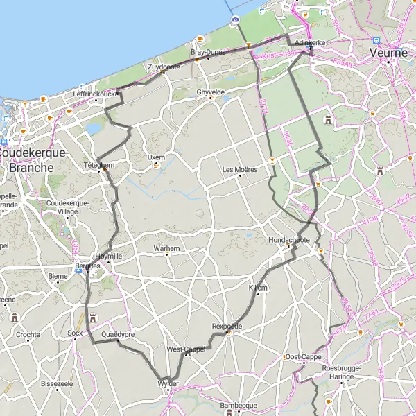 Miniatuurkaart van de fietsinspiratie "Fietsroute door de Moeren en langs historische bezienswaardigheden" in Prov. West-Vlaanderen, Belgium. Gemaakt door de Tarmacs.app fietsrouteplanner