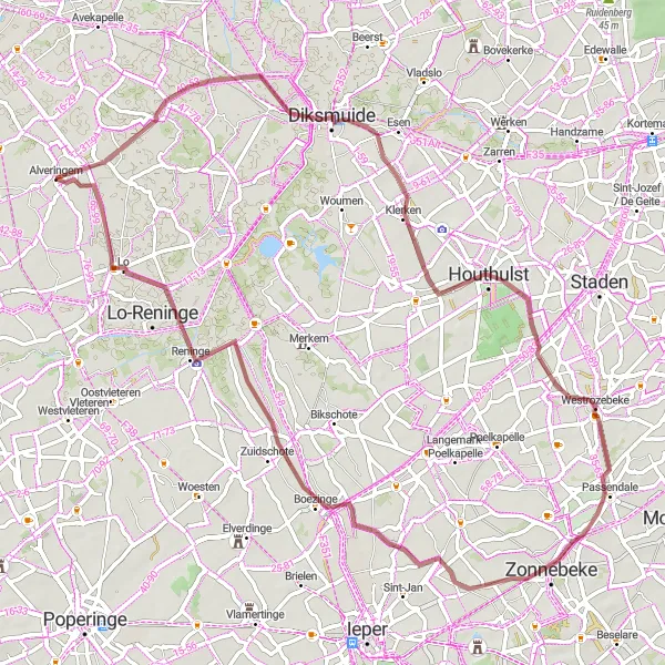 Map miniature of "Gravel Challenge: Diksmuide Loop" cycling inspiration in Prov. West-Vlaanderen, Belgium. Generated by Tarmacs.app cycling route planner