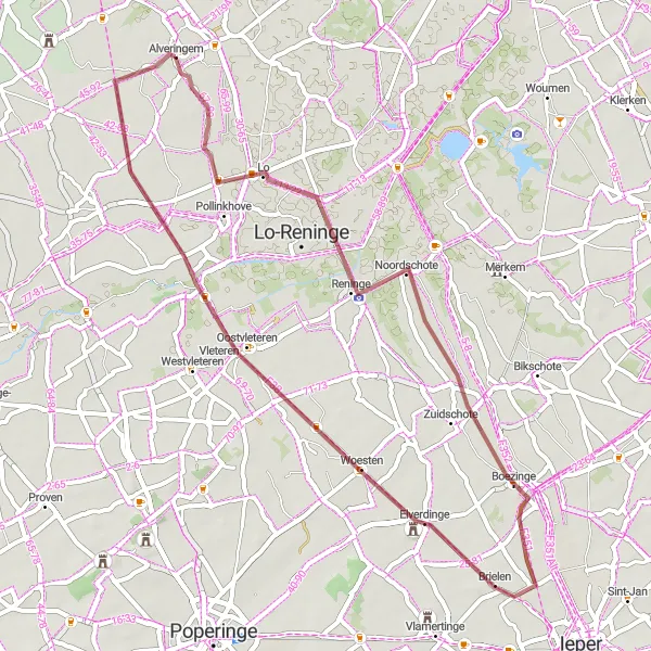 Miniatuurkaart van de fietsinspiratie "Gravelroute langs Lo, Boezinge, Vleteren en Hoogstade" in Prov. West-Vlaanderen, Belgium. Gemaakt door de Tarmacs.app fietsrouteplanner