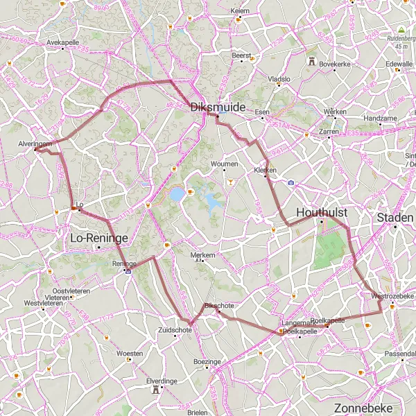 Map miniature of "Gravel Adventure: Diksmuide and Beyond" cycling inspiration in Prov. West-Vlaanderen, Belgium. Generated by Tarmacs.app cycling route planner