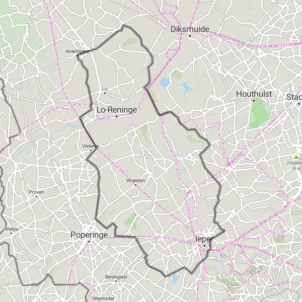 Miniatuurkaart van de fietsinspiratie "Wegavontuur van Lampernisse naar Pollinkhove" in Prov. West-Vlaanderen, Belgium. Gemaakt door de Tarmacs.app fietsrouteplanner