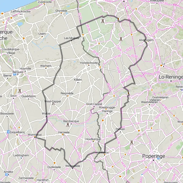 Miniature de la carte de l'inspiration cycliste "Boucle des Polders belges" dans la Prov. West-Vlaanderen, Belgium. Générée par le planificateur d'itinéraire cycliste Tarmacs.app