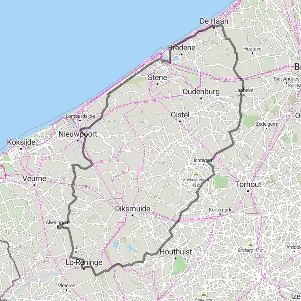 Miniatuurkaart van de fietsinspiratie "Wegroute van Booitshoeke naar Lo-Reninge" in Prov. West-Vlaanderen, Belgium. Gemaakt door de Tarmacs.app fietsrouteplanner