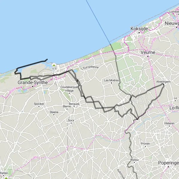 Karten-Miniaturansicht der Radinspiration "Rundfahrt um Alveringem und Umgebung" in Prov. West-Vlaanderen, Belgium. Erstellt vom Tarmacs.app-Routenplaner für Radtouren