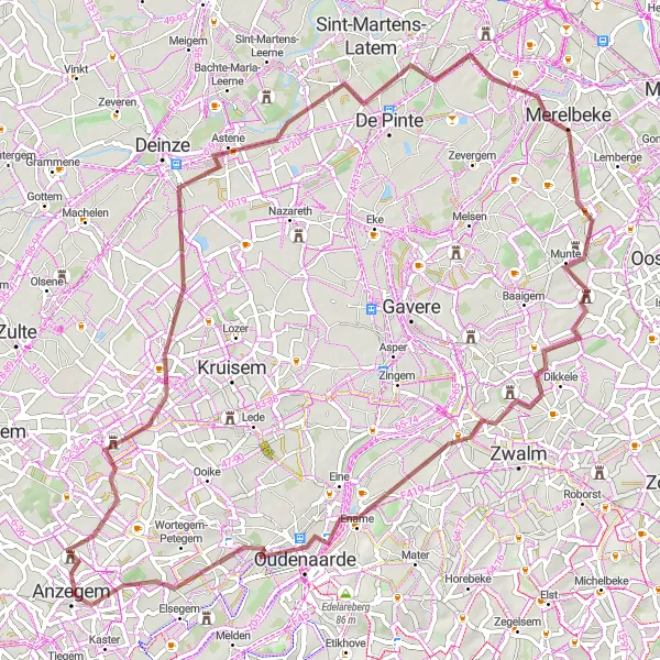 Miniatuurkaart van de fietsinspiratie "Historische Route door Oost-Vlaanderen" in Prov. West-Vlaanderen, Belgium. Gemaakt door de Tarmacs.app fietsrouteplanner