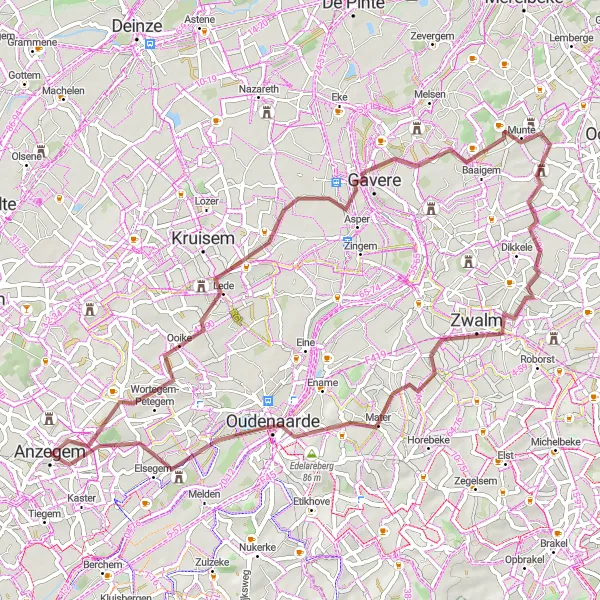 Map miniature of "Anzegem Gravel Adventure" cycling inspiration in Prov. West-Vlaanderen, Belgium. Generated by Tarmacs.app cycling route planner