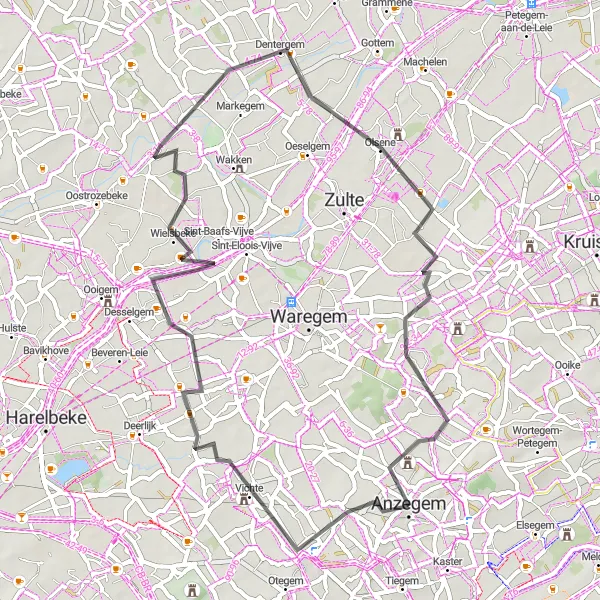 Map miniature of "Discover Anzegem and Surrounding Villages" cycling inspiration in Prov. West-Vlaanderen, Belgium. Generated by Tarmacs.app cycling route planner