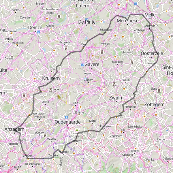 Map miniature of "Exploring Wortegem and Beyond" cycling inspiration in Prov. West-Vlaanderen, Belgium. Generated by Tarmacs.app cycling route planner