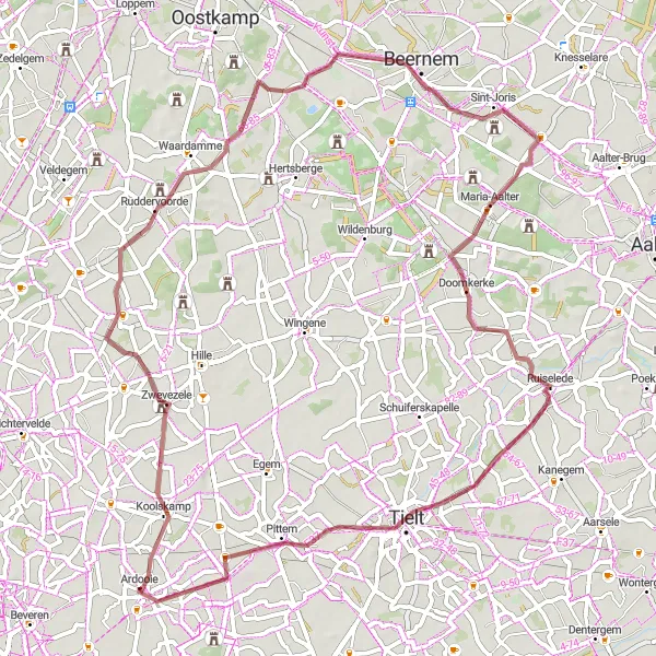 Miniatuurkaart van de fietsinspiratie "Gravelavontuur door het groene landschap" in Prov. West-Vlaanderen, Belgium. Gemaakt door de Tarmacs.app fietsrouteplanner