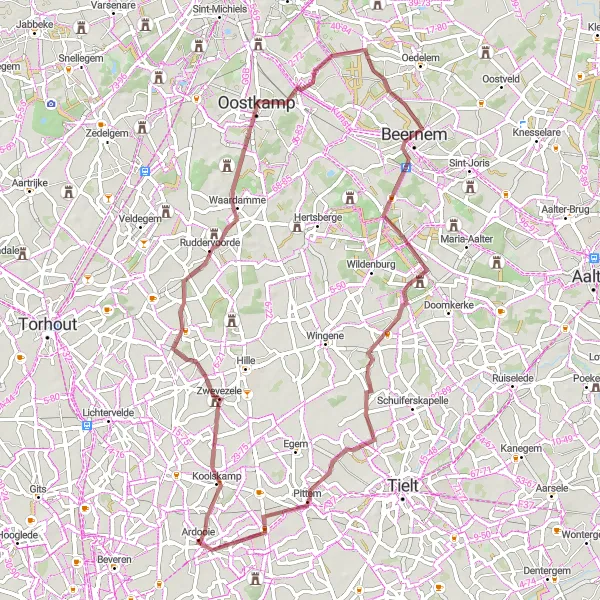 Map miniature of "Oostkamp Exploration" cycling inspiration in Prov. West-Vlaanderen, Belgium. Generated by Tarmacs.app cycling route planner