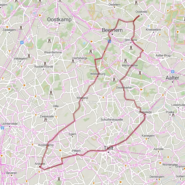 Miniature de la carte de l'inspiration cycliste "Défi Gravel à travers la Campagne Flamande" dans la Prov. West-Vlaanderen, Belgium. Générée par le planificateur d'itinéraire cycliste Tarmacs.app