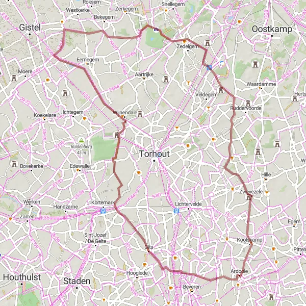 Map miniature of "Discovering Historic Landmarks" cycling inspiration in Prov. West-Vlaanderen, Belgium. Generated by Tarmacs.app cycling route planner