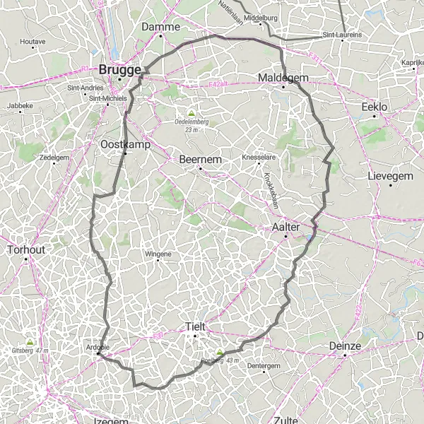 Map miniature of "Scenic Loop to Kasteel Rooigem" cycling inspiration in Prov. West-Vlaanderen, Belgium. Generated by Tarmacs.app cycling route planner