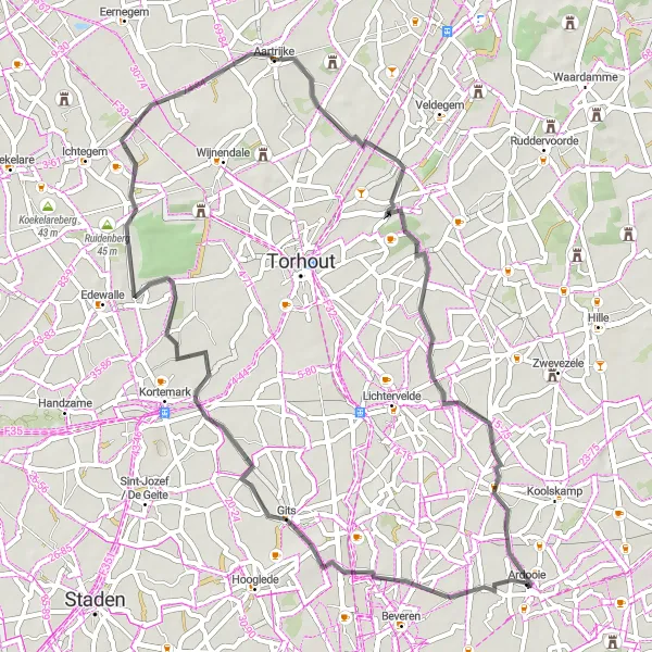 Map miniature of "Ardooie and the Surrounding Hills" cycling inspiration in Prov. West-Vlaanderen, Belgium. Generated by Tarmacs.app cycling route planner