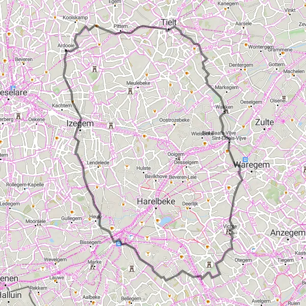 Miniatuurkaart van de fietsinspiratie "Wegroute door het heuvelachtige West-Vlaanderen" in Prov. West-Vlaanderen, Belgium. Gemaakt door de Tarmacs.app fietsrouteplanner