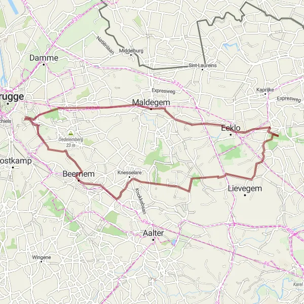 Karten-Miniaturansicht der Radinspiration "Assebroek - M10 Wolverine - Waarschoot - Ursel - Beernem - Ver-Assebroek" in Prov. West-Vlaanderen, Belgium. Erstellt vom Tarmacs.app-Routenplaner für Radtouren