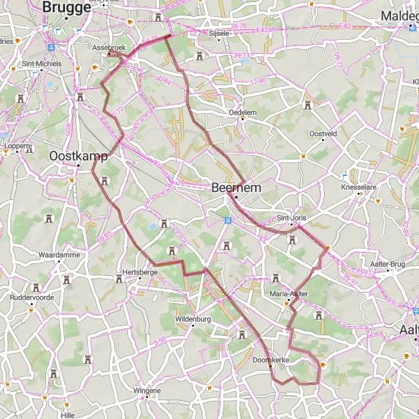 Map miniature of "Scenic Gravel Trail" cycling inspiration in Prov. West-Vlaanderen, Belgium. Generated by Tarmacs.app cycling route planner