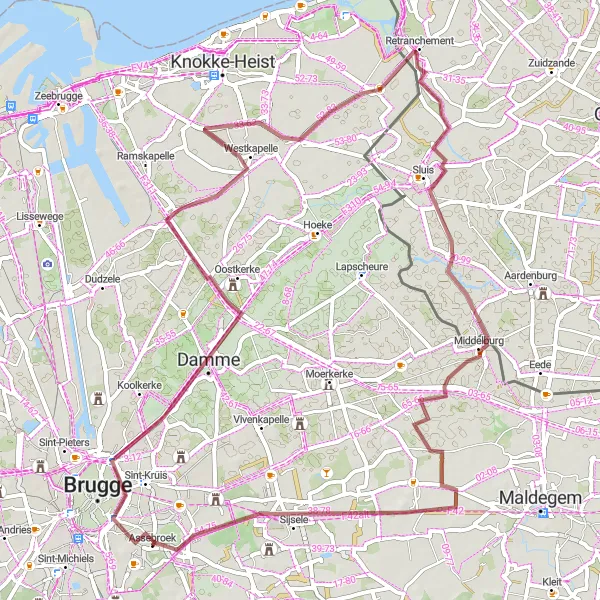 Miniatuurkaart van de fietsinspiratie "Rustieke Gravelroutes" in Prov. West-Vlaanderen, Belgium. Gemaakt door de Tarmacs.app fietsrouteplanner