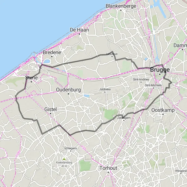 Miniatuurkaart van de fietsinspiratie "Historische Kastelen en Dorpen" in Prov. West-Vlaanderen, Belgium. Gemaakt door de Tarmacs.app fietsrouteplanner