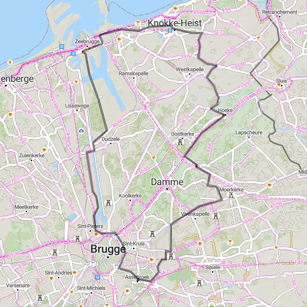 Map miniature of "Discover Assebroek and Zeebrugge by Bike" cycling inspiration in Prov. West-Vlaanderen, Belgium. Generated by Tarmacs.app cycling route planner