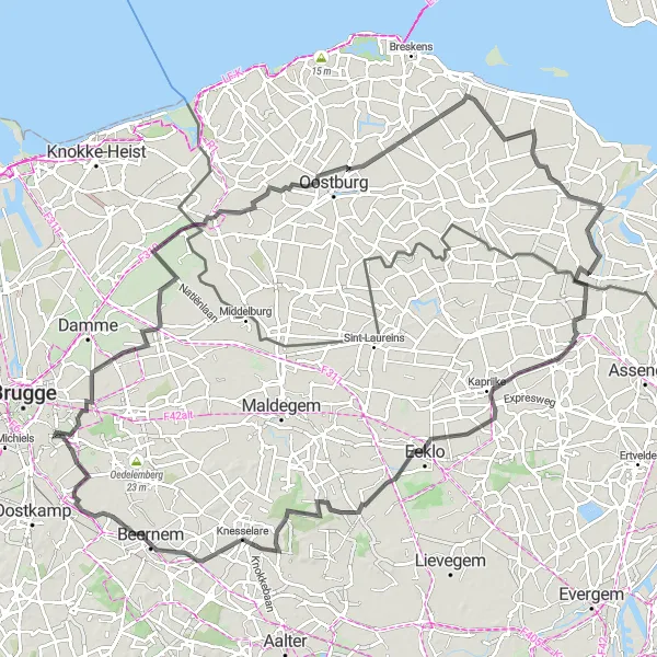 Map miniature of "Zwin Estuary Exploration" cycling inspiration in Prov. West-Vlaanderen, Belgium. Generated by Tarmacs.app cycling route planner