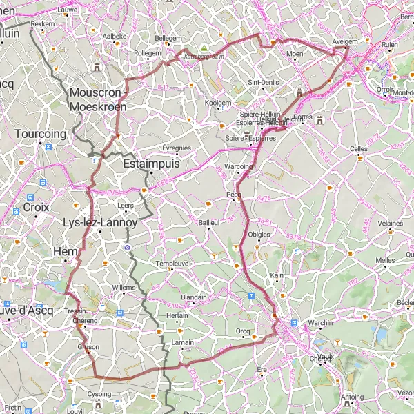 Miniatuurkaart van de fietsinspiratie "Gravelavontuur door Luingne- Lowingen en Katteberg" in Prov. West-Vlaanderen, Belgium. Gemaakt door de Tarmacs.app fietsrouteplanner