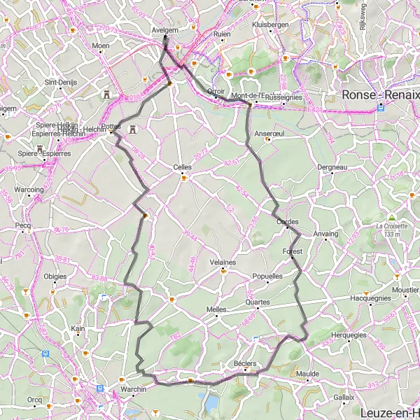 Map miniature of "Avelgem Road Adventure" cycling inspiration in Prov. West-Vlaanderen, Belgium. Generated by Tarmacs.app cycling route planner