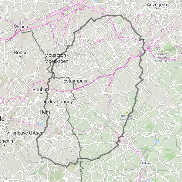 Map miniature of "The Hilltop Quest" cycling inspiration in Prov. West-Vlaanderen, Belgium. Generated by Tarmacs.app cycling route planner