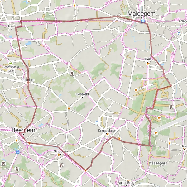 Karten-Miniaturansicht der Radinspiration "Gravel-Tour durch Oedelem und Sint-Joris" in Prov. West-Vlaanderen, Belgium. Erstellt vom Tarmacs.app-Routenplaner für Radtouren