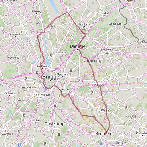 Karten-Miniaturansicht der Radinspiration "Gravel-Rundfahrt von Beernem nach Oedelem" in Prov. West-Vlaanderen, Belgium. Erstellt vom Tarmacs.app-Routenplaner für Radtouren