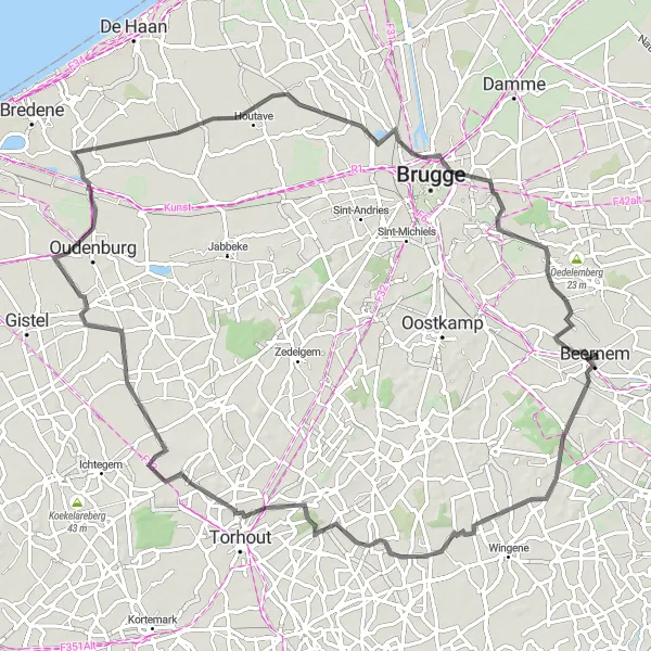 Map miniature of "The Scenic Road Trip" cycling inspiration in Prov. West-Vlaanderen, Belgium. Generated by Tarmacs.app cycling route planner