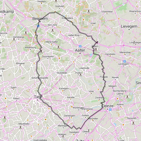 Miniature de la carte de l'inspiration cycliste "Boucle des Villages Flamands" dans la Prov. West-Vlaanderen, Belgium. Générée par le planificateur d'itinéraire cycliste Tarmacs.app