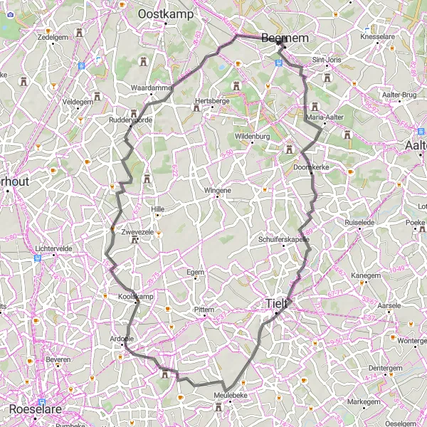 Karten-Miniaturansicht der Radinspiration "Radtour durch Doomkerke und Tielt" in Prov. West-Vlaanderen, Belgium. Erstellt vom Tarmacs.app-Routenplaner für Radtouren