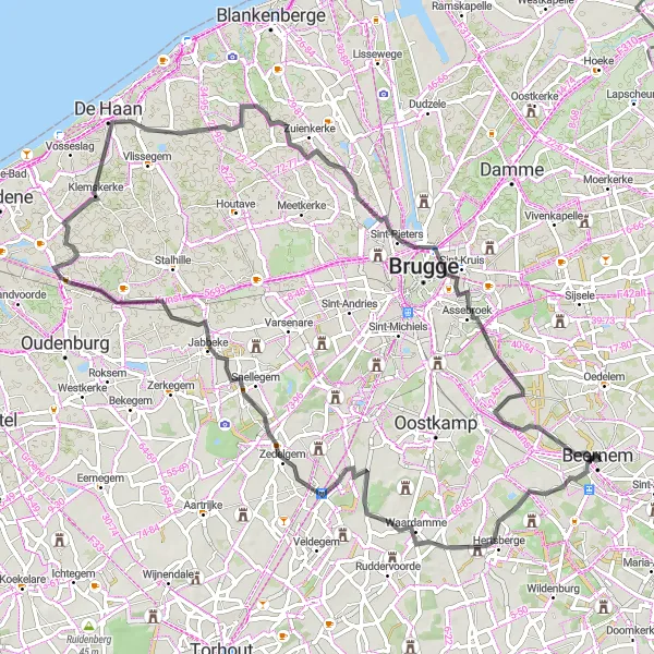 Miniature de la carte de l'inspiration cycliste "Tour des Châteaux et des Plages" dans la Prov. West-Vlaanderen, Belgium. Générée par le planificateur d'itinéraire cycliste Tarmacs.app