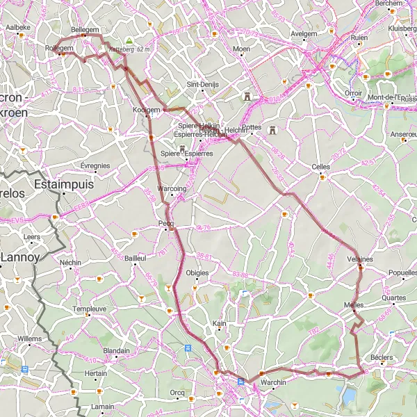 Map miniature of "Rollegem - Katteberg Gravel Adventure" cycling inspiration in Prov. West-Vlaanderen, Belgium. Generated by Tarmacs.app cycling route planner