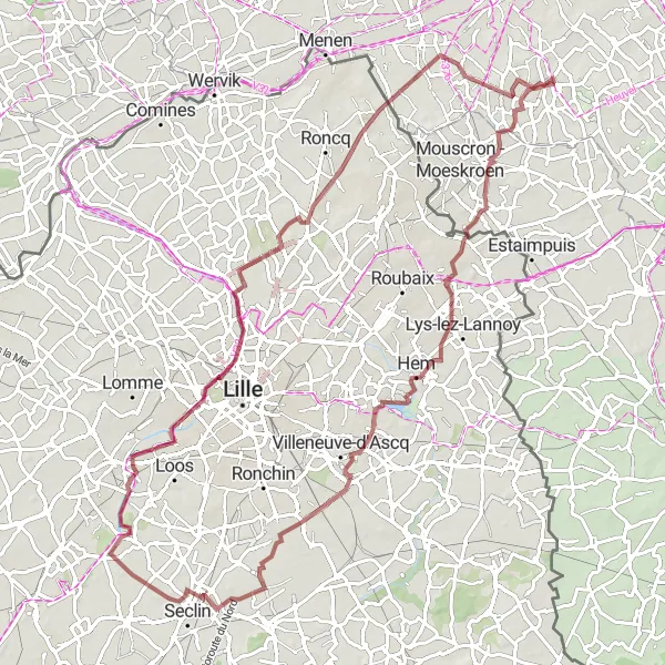 Miniatuurkaart van de fietsinspiratie "Gravelroute van Bellegem naar Mont Halluin" in Prov. West-Vlaanderen, Belgium. Gemaakt door de Tarmacs.app fietsrouteplanner