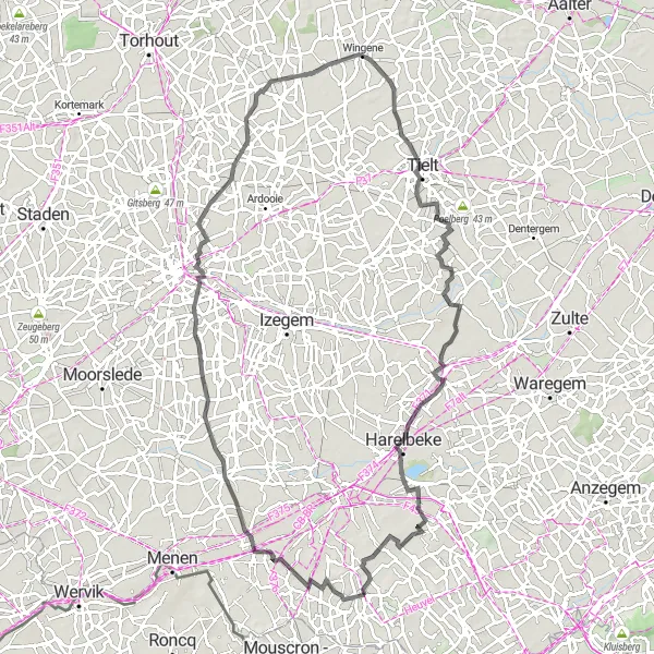 Map miniature of "Wevelgem - Wingene Road Loop" cycling inspiration in Prov. West-Vlaanderen, Belgium. Generated by Tarmacs.app cycling route planner